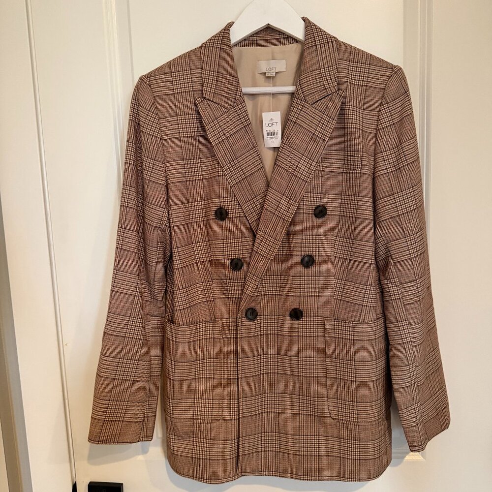 NWT Double-Breasted Brown & Red Plaid Blazer - Size 10